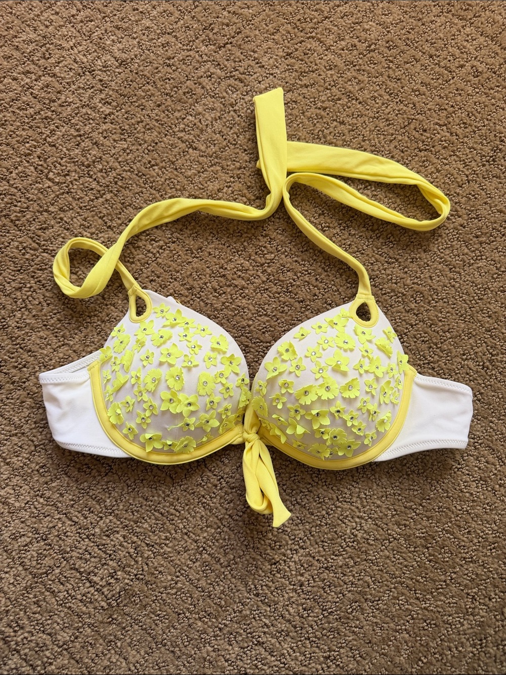 Victoria's Secret Yellow Floral Appliqué Halter Bikini Top